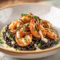 Arroz negro meloso con sepia y gambas: Sabor intenso y textura cremosa!