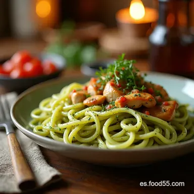 Pasta al Pesto con Pollo Cremoso Lista en 20 Minutos Tarjeta de receta
