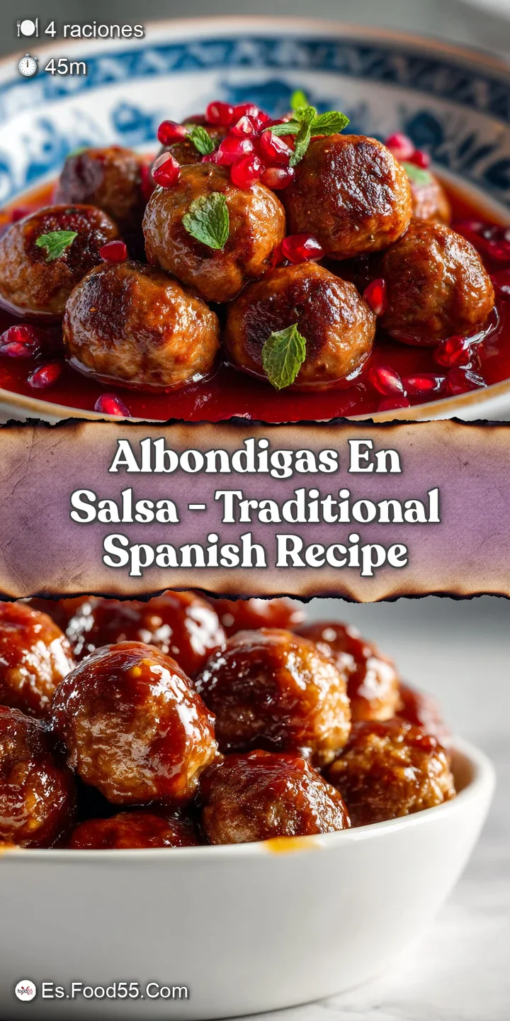 Close-up of tender albondigas, swimming in a luscious, rustic tomato sauce with visible herbs and a hint of shimmering oli...