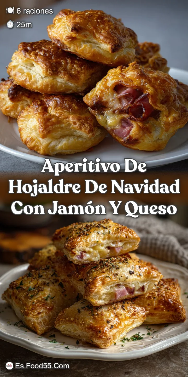 Close-up of a warm, cheesy pastry. The bubbling, melted cheese and toasted ham peek invitingly through the golden, crisp l...