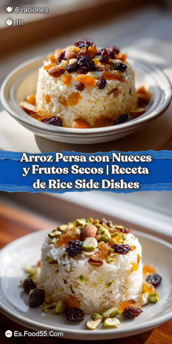 Crispy, golden-brown tahdig at the base of fluffy saffron rice, studded with chopped nuts and jewel-like fruit.