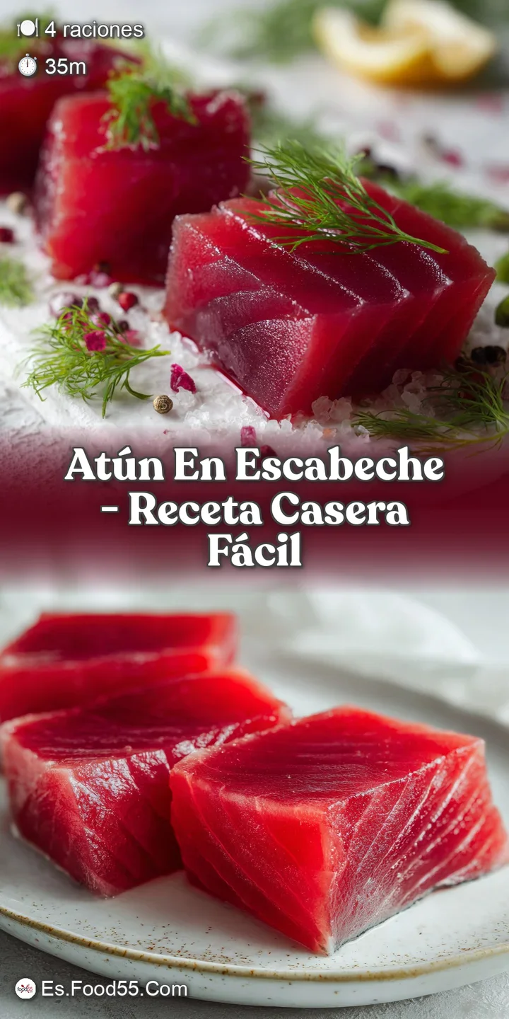 Appetizing close-up of tender tuna bathed in tangy escabeche, dotted with herbs and glistening with oil.