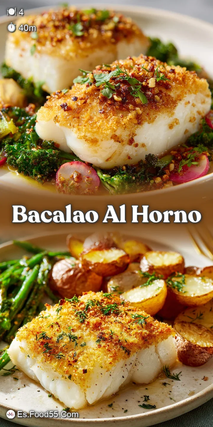 Close-up of moist, white bacalao with a glistening, herb-infused oil, alongside soft potatoes and translucent, golden onions.