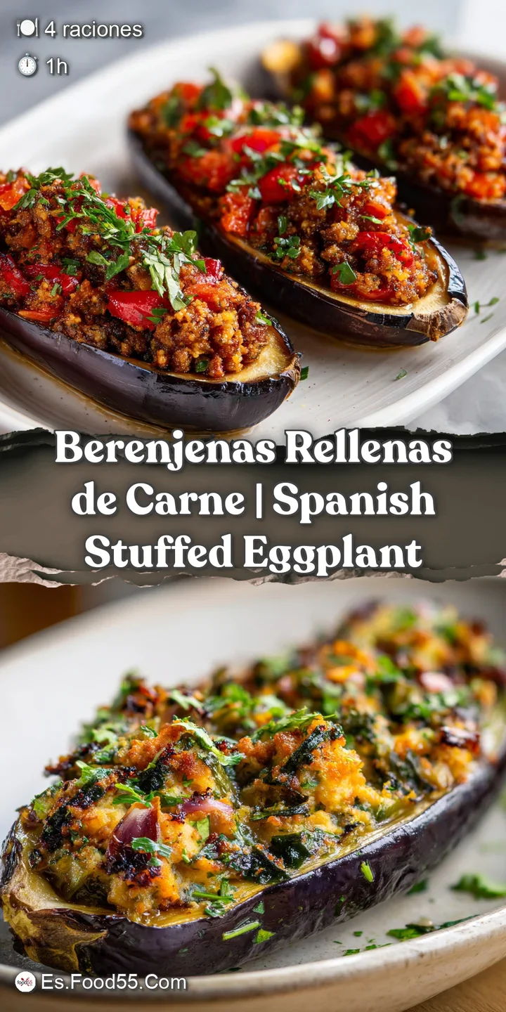 Close-up of a baked eggplant, oozing with cheese and meaty filling. Steam rises, hinting at the dish's savory, warm aroma.