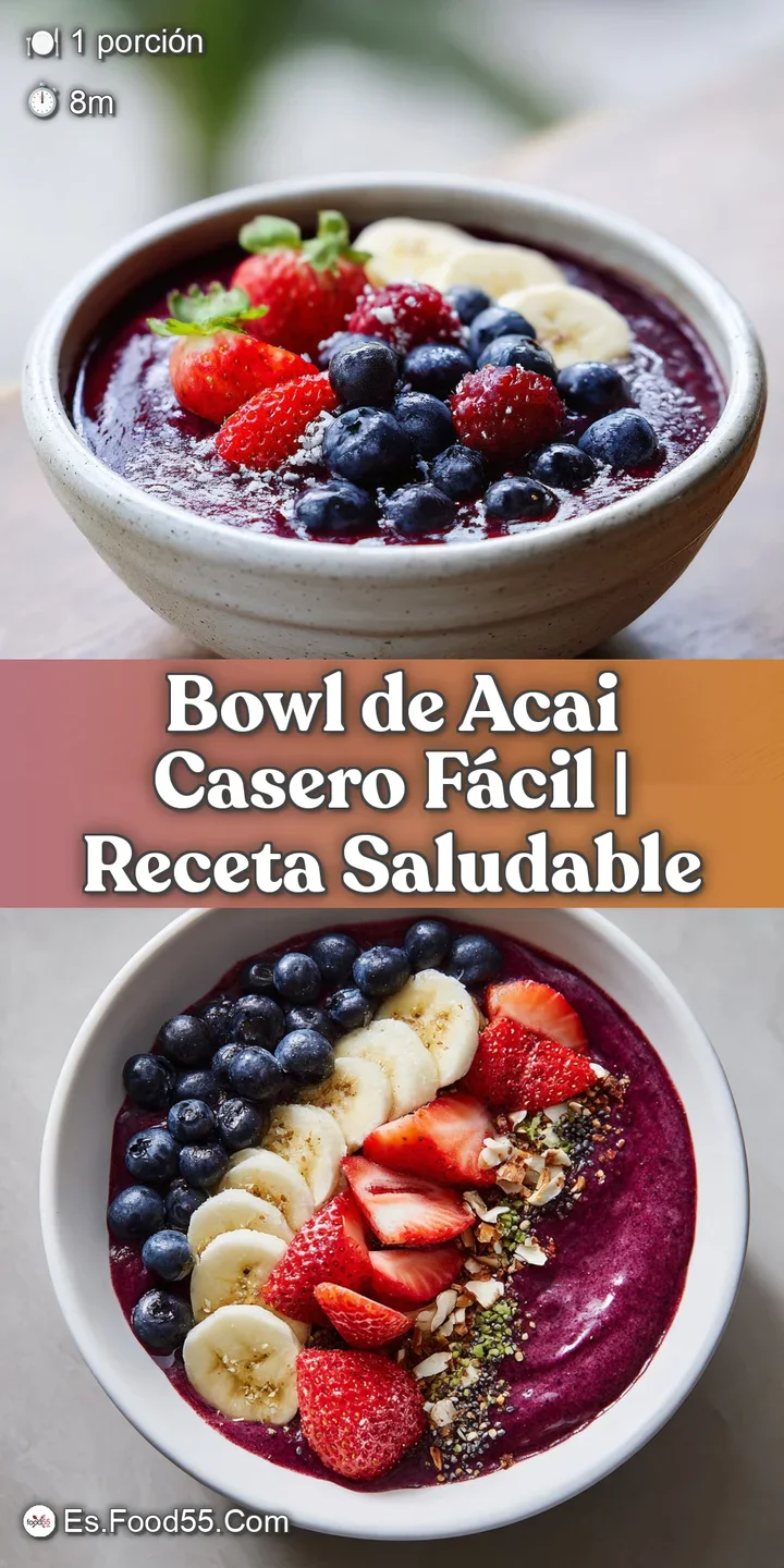 Close-up of a frosty acai bowl. See the texture of blended acai. Topped with fresh strawberries, blueberries, and crunchy ...