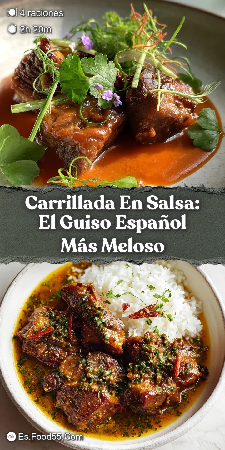 Close-up of a glistening, fork-tender beef cheek bathed in dark, luscious sauce. Hints of herbs and spices visible. Served...