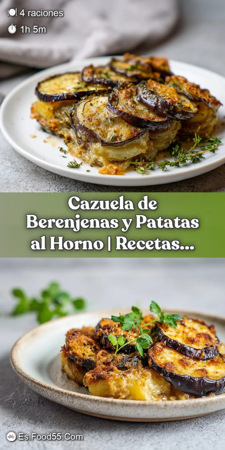 Close-up of tender baked eggplant and fluffy potato chunks, glistening with olive oil and savory herbs, in a warm cazuela.