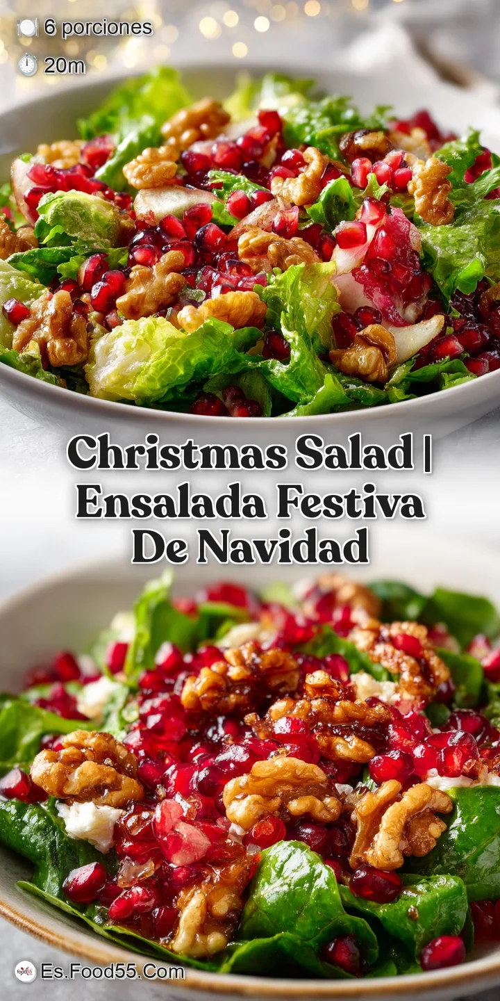 Close-up of a Christmas salad showing juicy pomegranate seeds, bright orange segments, and crisp green spinach. Sugared pe...