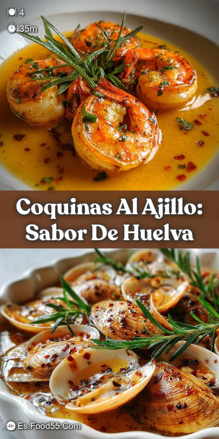 Close-up of simmering coquinas in garlic-infused olive oil. Shells slightly open, steam rising, hinting at the tender, suc...