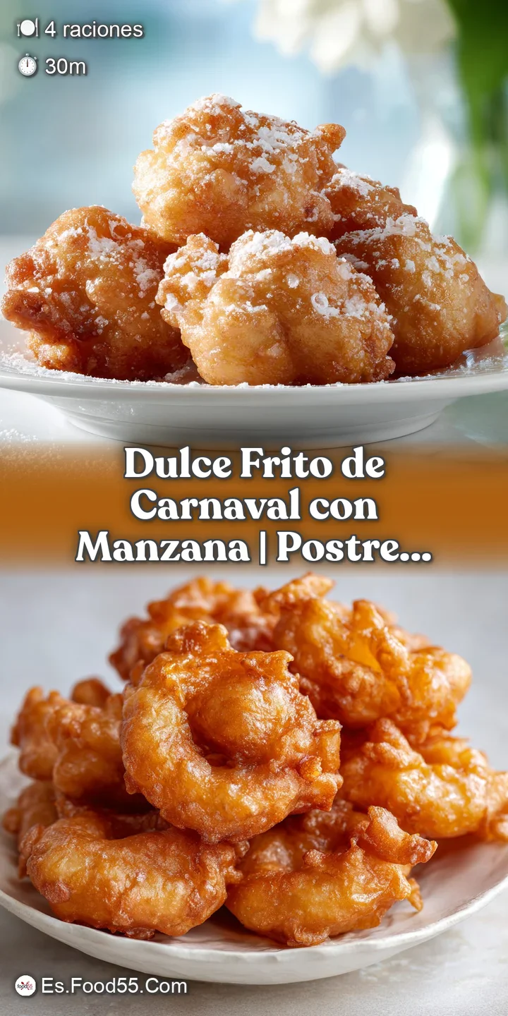 Close-up of glistening, fried dough, sprinkled with sugar. Crispy edges and soft interior are visible. Juicy apple slice a...