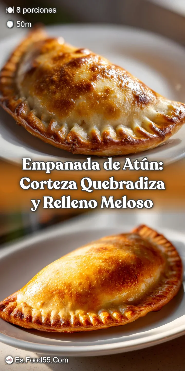 Close-up reveals flaky pastry layers filled with moist tuna, peppers, and onions. Steaming slightly, a comforting aroma im...