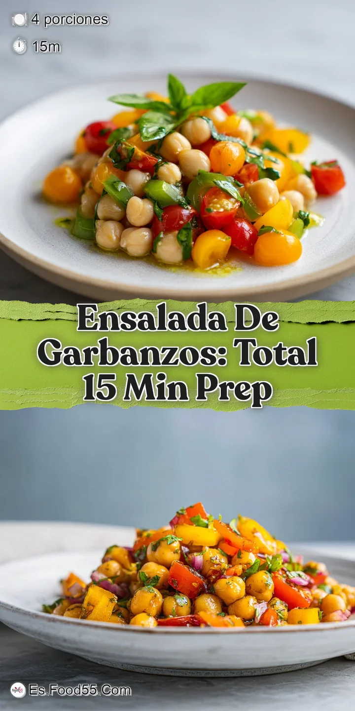 Close-up of a chickpea salad, showing the creamy texture of the chickpeas, with flecks of red pepper and fresh green herbs.