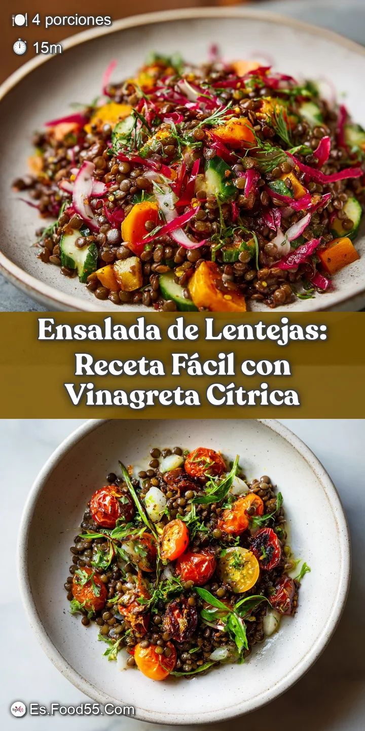 Close-up of a colorful lentil salad. Notice the varied textures of the lentils, vegetables, and herbs, all coated in a lig...