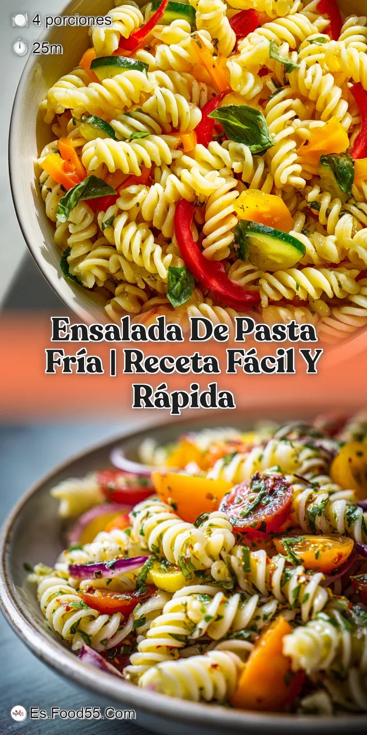 Close-up of chilled pasta salad: glistening noodles, juicy tomatoes, fresh herbs, and a rich, creamy sauce look cool and r...