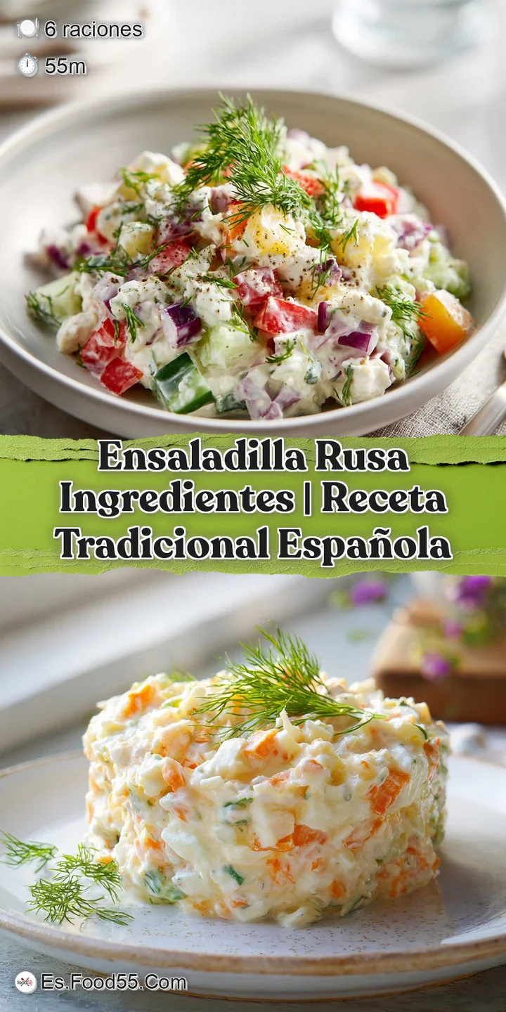 Close-up of creamy Ensaladilla Rusa, showcasing the textures of potatoes, peas, and mayonnaise. A tempting, rich salad.