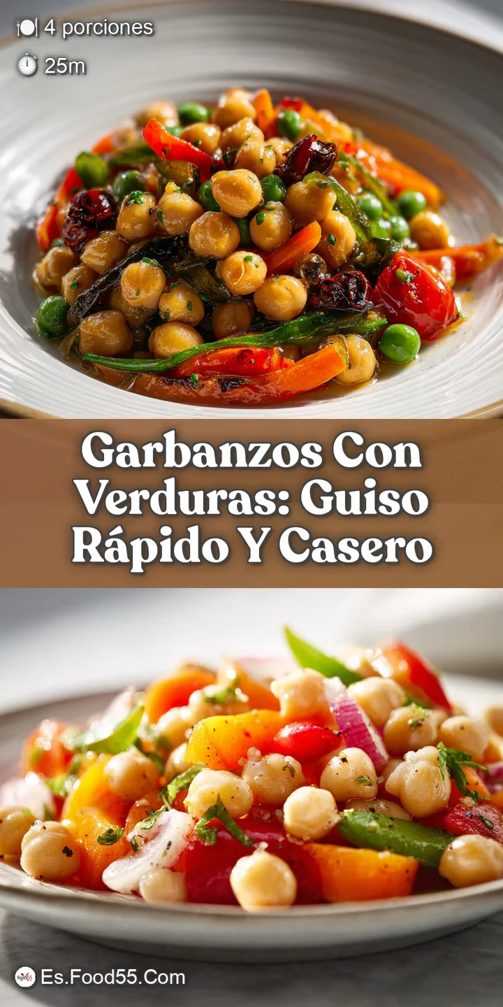 Close-up of glistening garbanzo beans nestled among colorful vegetables in a rich, savory broth, highlighting textures and...