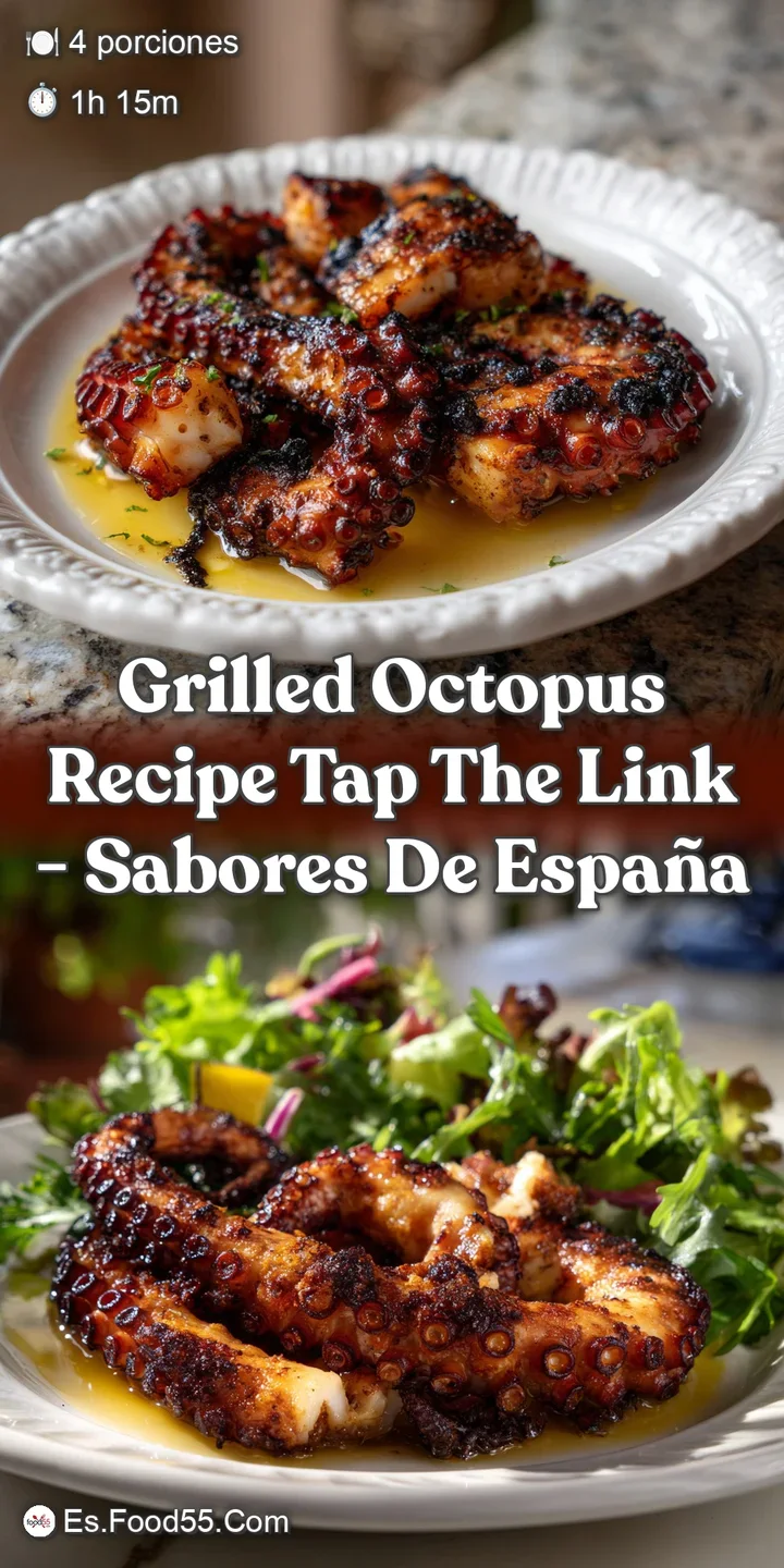 Close-up of a tender octopus tentacle with a caramelized crust. The dark purple flesh contrasts with the glistening, golde...