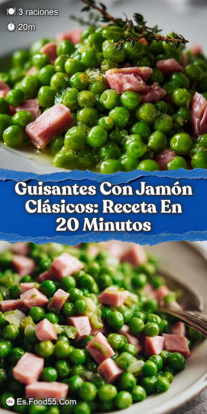 Close-up showcasing the soft texture of the peas mingled with salty, browned bits of ham in a light, glistening sauce.