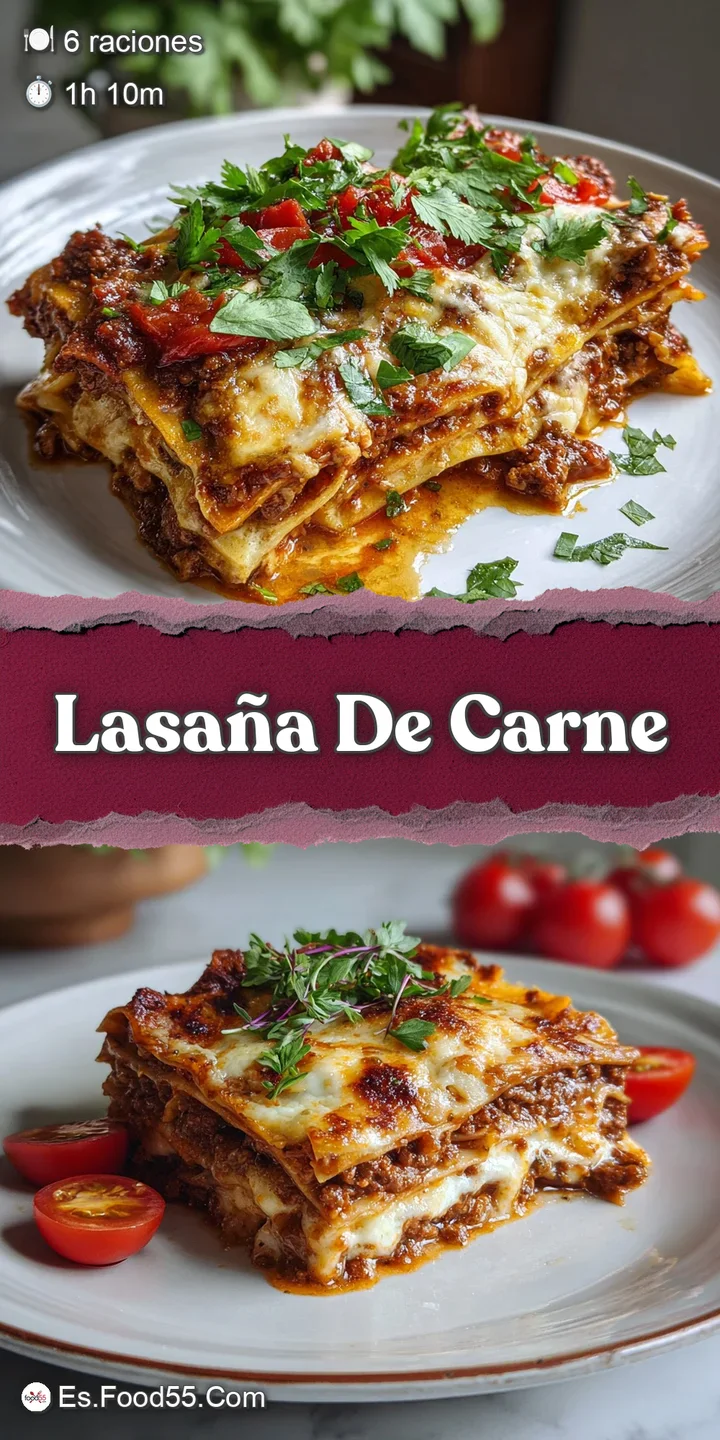 Close-up of lasagna shows layers of noodles, meat, and cheese. Bubbling, browned cheese and rich sauce look incredibly app...