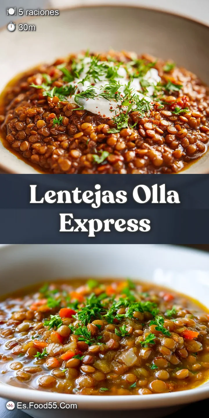 Close-up of steaming lentils with tender chunks of carrot and paprika, glistening with savory broth. A hearty and comforti...