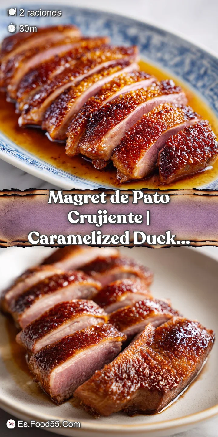 Close-up of seared duck breast revealing a juicy, medium-rare center and crispy, golden-brown skin, glistening with rich p...