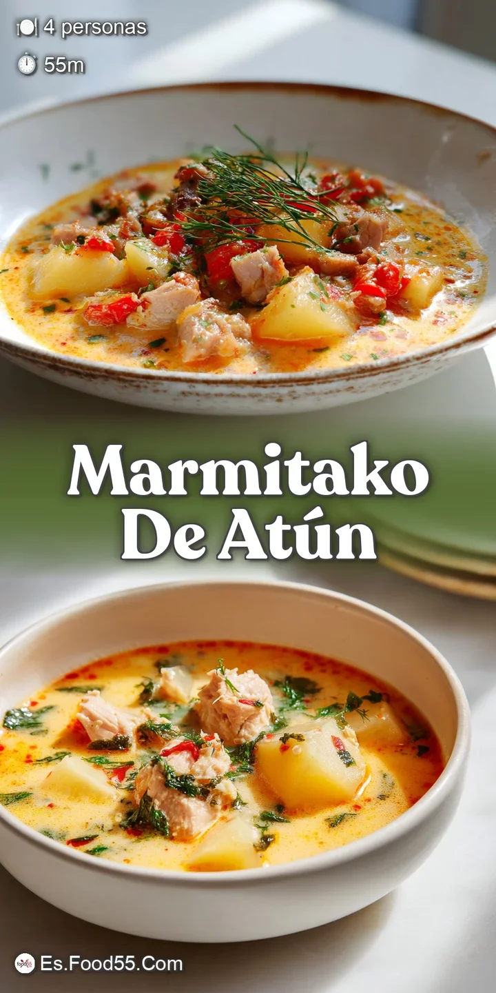 Close-up of tender tuna chunks and soft potatoes in a savory broth, highlighting the stew's hearty, homemade character and...