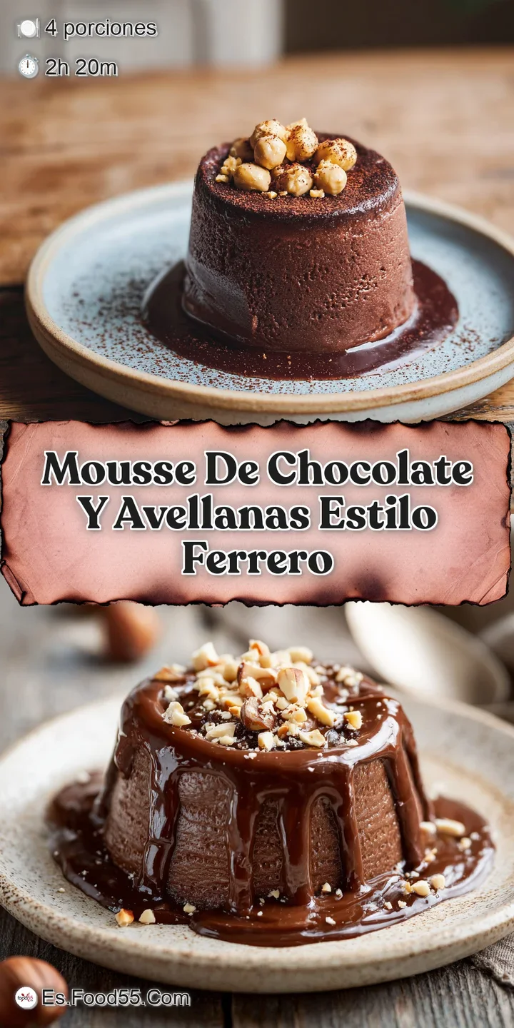 Close-up reveals glossy chocolate mousse with a tempting hazelnut crunch. The dessert's rich color and texture invite a sp...