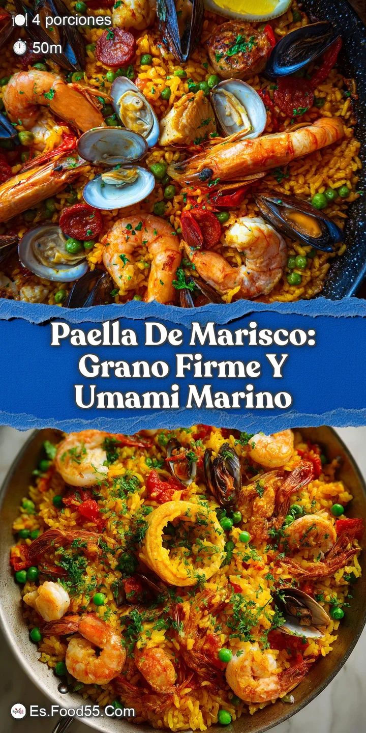 Appetizing close-up of paella: plump shrimp, open clams, and saffron rice with a glistening sheen, promising a burst of fr...
