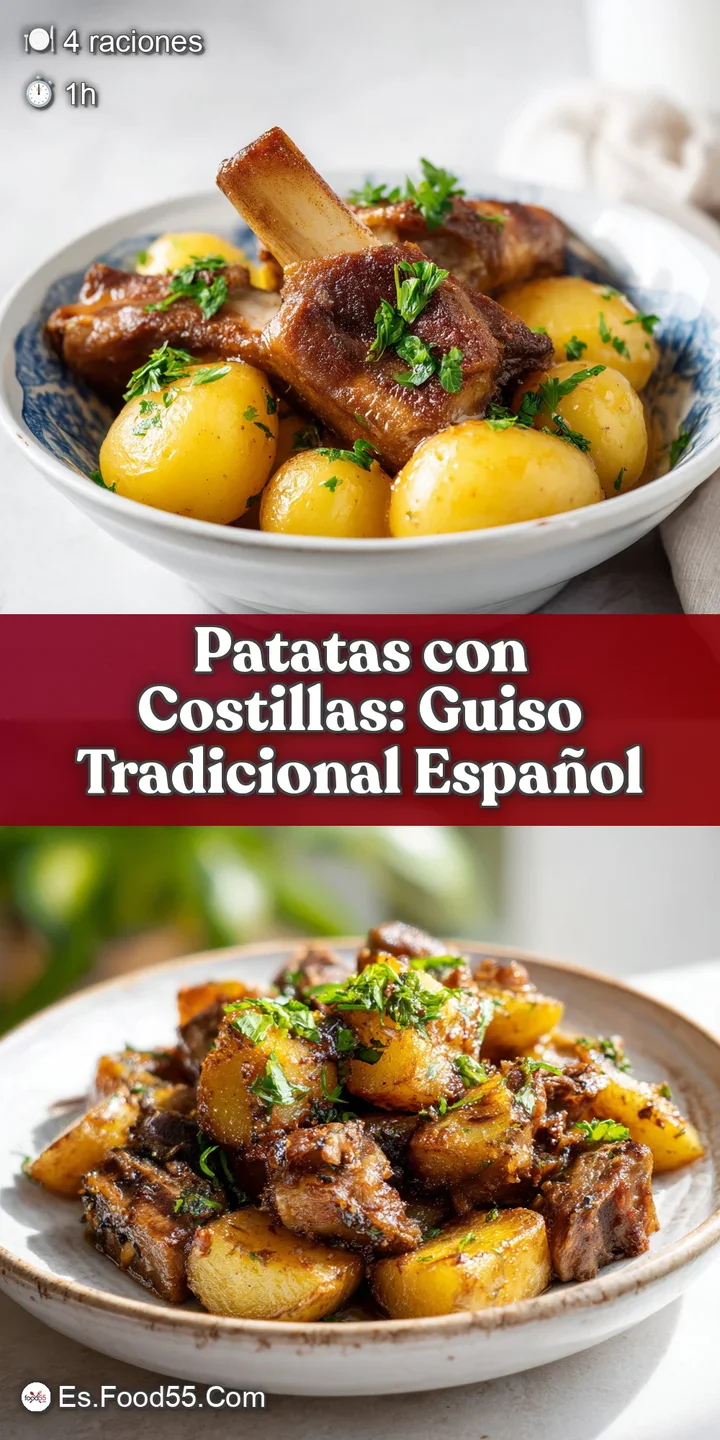 Close-up of savory Spanish stew with succulent pork ribs, potatoes, and peppers swimming in flavorful broth, fragrant with...