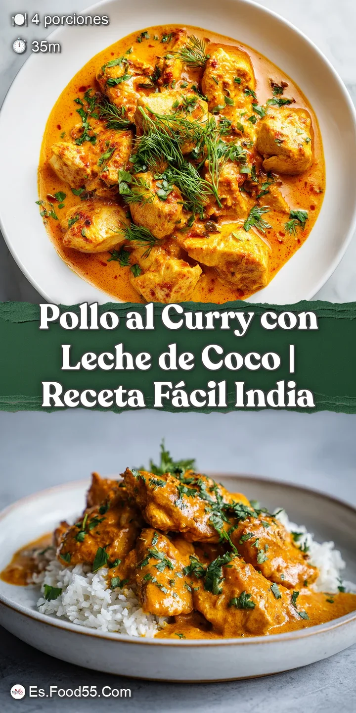 Close-up of tender chicken simmered in a rich, yellow coconut curry sauce, flecked with green herbs and spices.