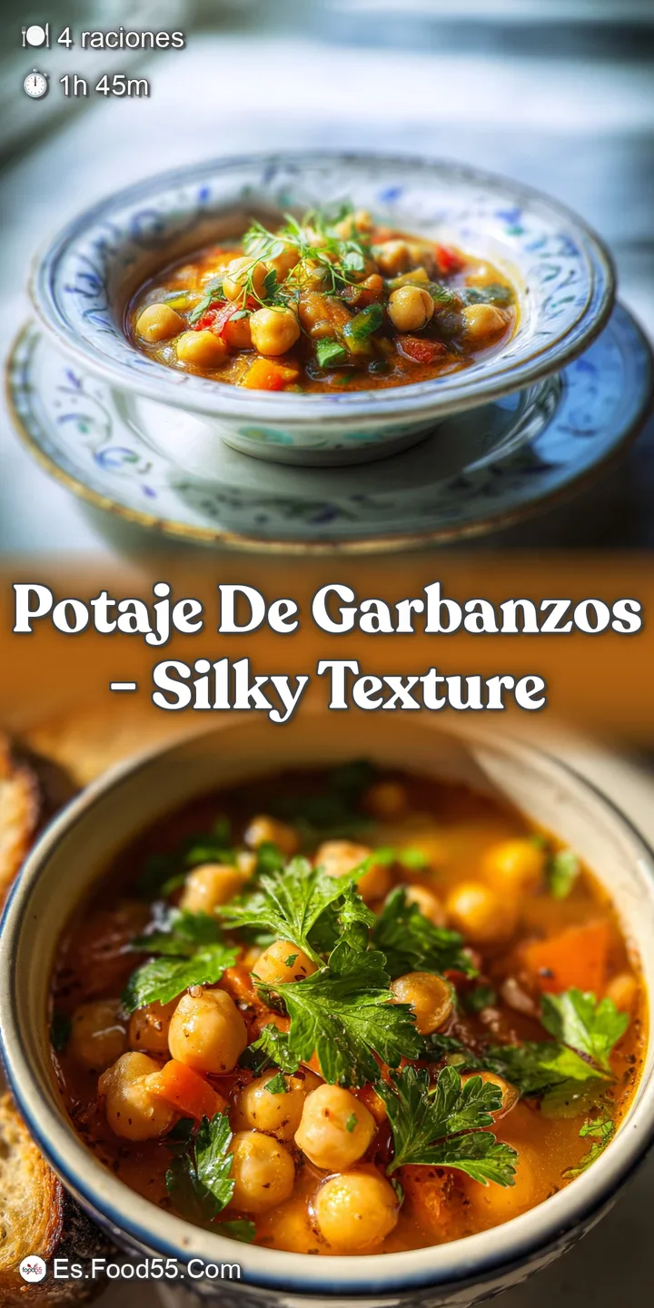 Close-up of tender chickpeas glistening in rich broth, with tender vegetable pieces, and a sprinkle of vibrant smoky paprika.