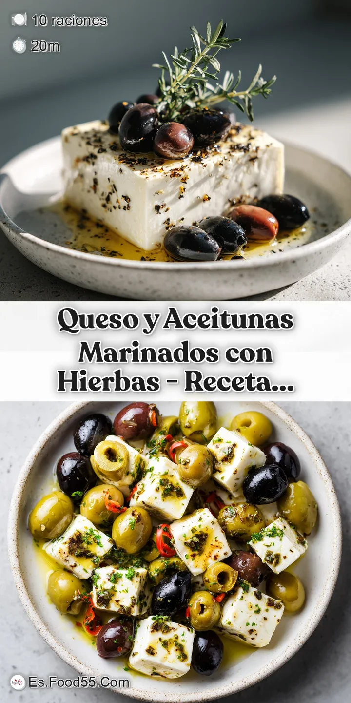 Close-up of plump, glossy green olives nestled with creamy white cheese cubes, flecked with fresh herbs.