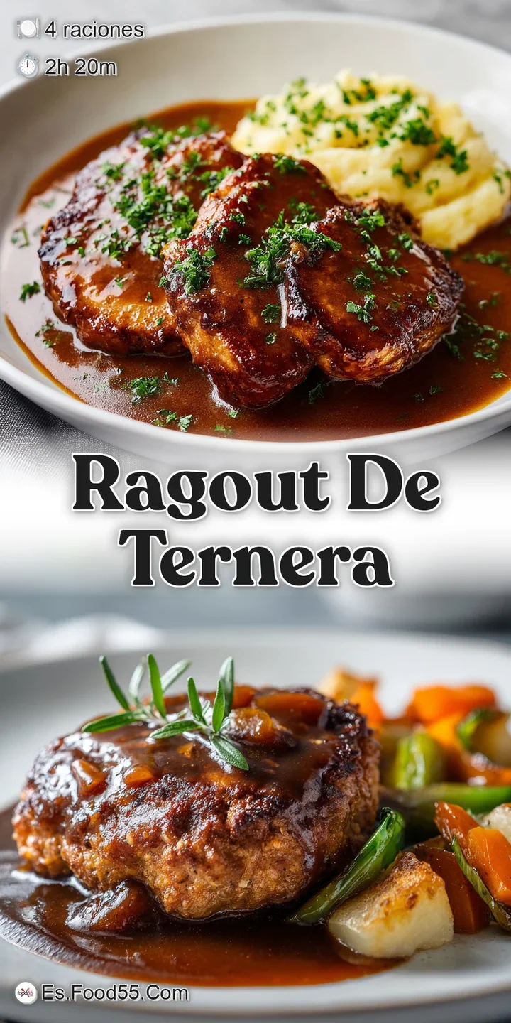 Close-up of succulent veal ragout, highlighting the tender, browned meat and glistening sauce, promising a flavorful, savo...