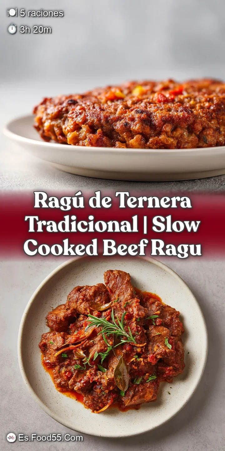 Close-up of shimmering, meaty ragu. Deep red hues and tender beef pieces invite the viewer to savor the hearty flavors.