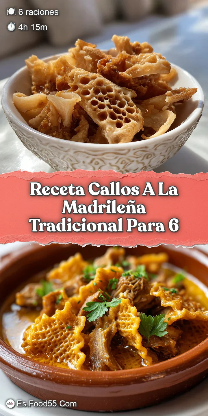 Close-up of hearty Callos, showcasing the depth of color in the paprika-spiced sauce and the varied textures of the simmer...