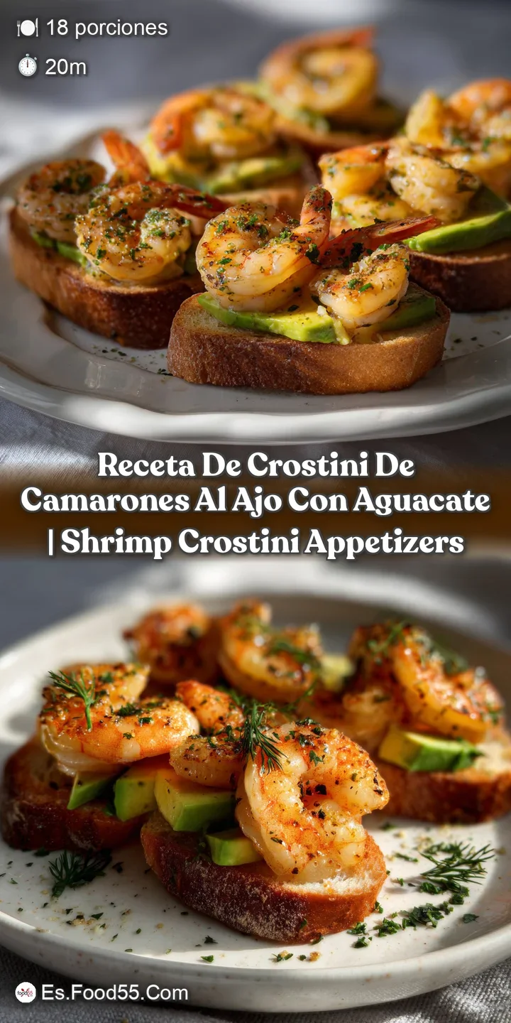 Close-up of succulent shrimp glistening with garlic oil atop a creamy avocado bed, on a crunchy crostini, appealing texture.