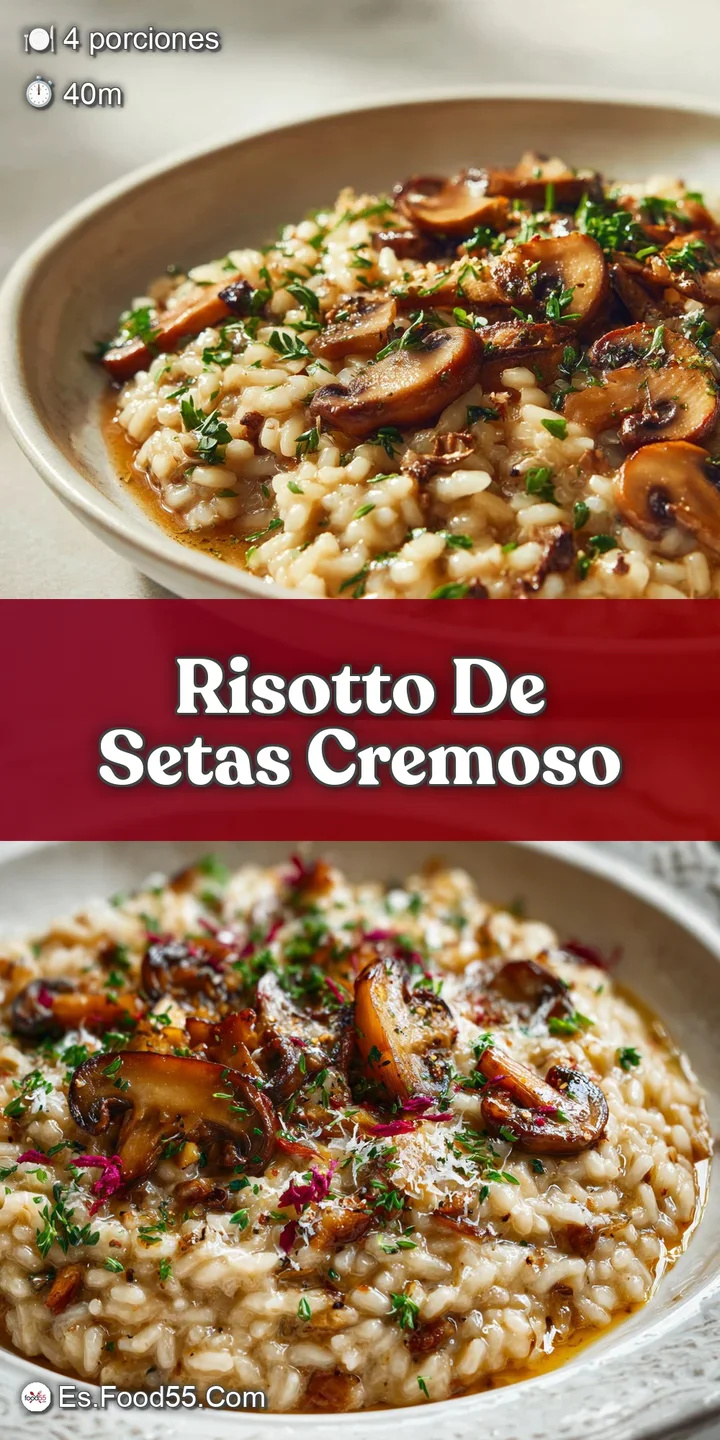 Close-up of creamy risotto with visible mushroom slices and glistening grains. Glistening olive oil and fragrant herbs cre...