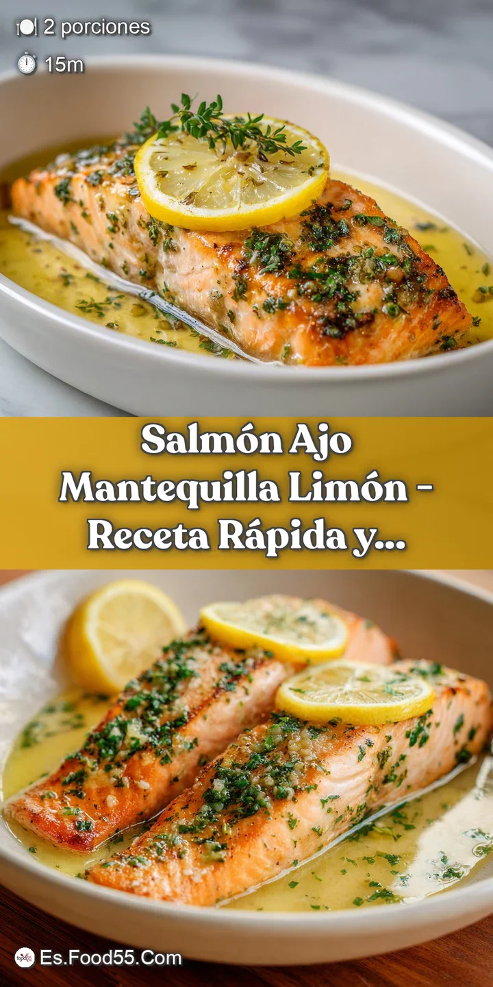 Close-up of flaky, tender salmon bathed in a rich, golden sauce, showing the juicy texture and aromatic garlic and herb to...