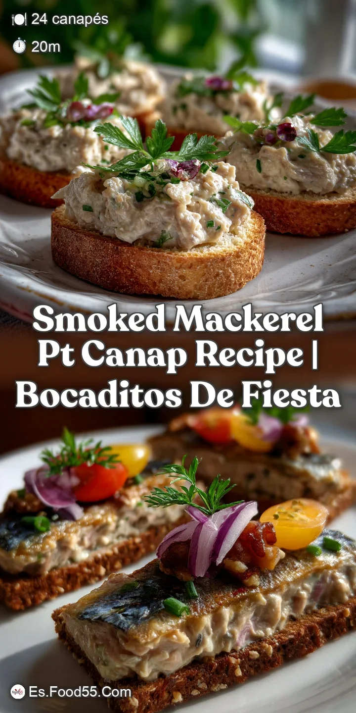 Close-up of a smoked mackerel canap&eacute;, showcasing the oily sheen of the fish, creamy texture of the p&acirc;t&eacute;, and fresh green g...