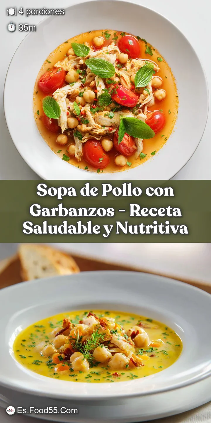 Close-up of steaming chicken soup with visible chunks of chicken, soft chickpeas, and bright green herbs.