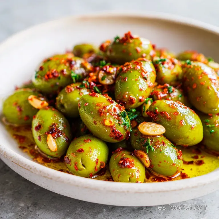 Aceitunas verdes glaseadas con aceite, espolvoreadas con piment&oacute;n rojo y adornadas con hierbas frescas sobre cer&aacute;mica blanca.