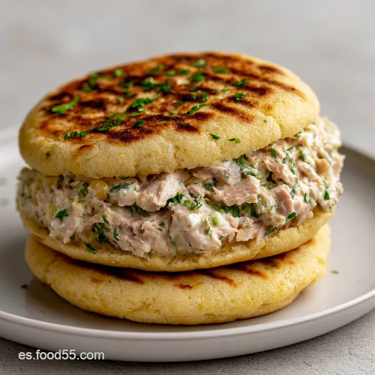 Arepa tostada y brillante centrada en plato blanco, decorada con gotas de salsa blanca y una hoja de cilantro fresca.