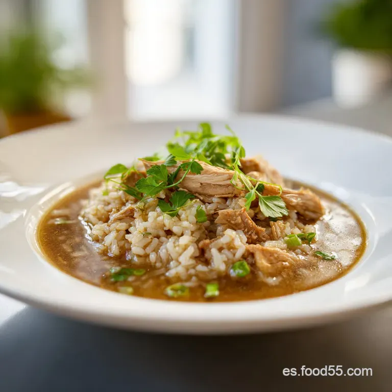 A deep bowl filled with creamy rice, tender chicken, and a sprinkle of fresh parsley, garnished with a bright lemon wedge ...