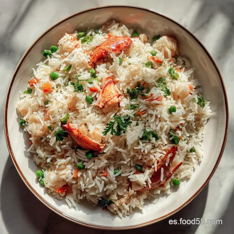 Elegant plate featuring lobster-topped rice, the glossy broth soaking into each grain. Garnished with fresh herbs, steam r...