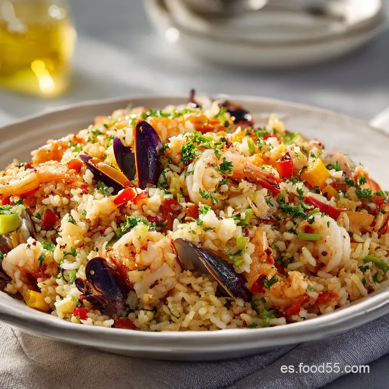 A generous portion of golden arroz con mariscos artfully arranged with a lemon wedge.
