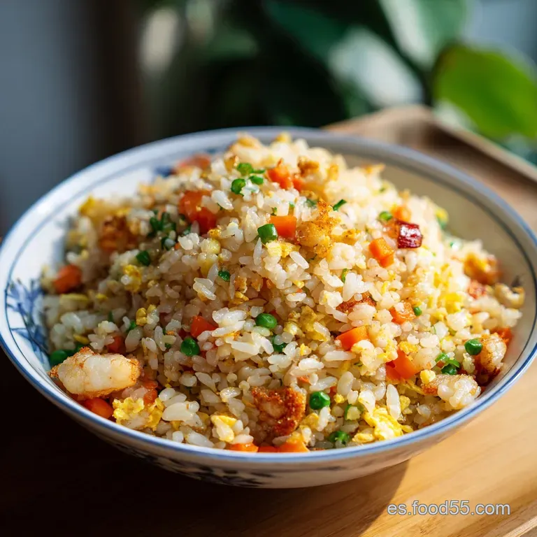 A steaming mound of fried rice artfully swirled in a white bowl, topped with fresh green scallions.