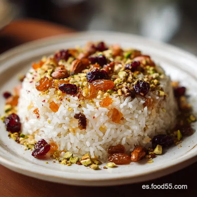 A serving of golden saffron rice artfully plated, showcasing tender, scattered nuts and sweet dried fruits.