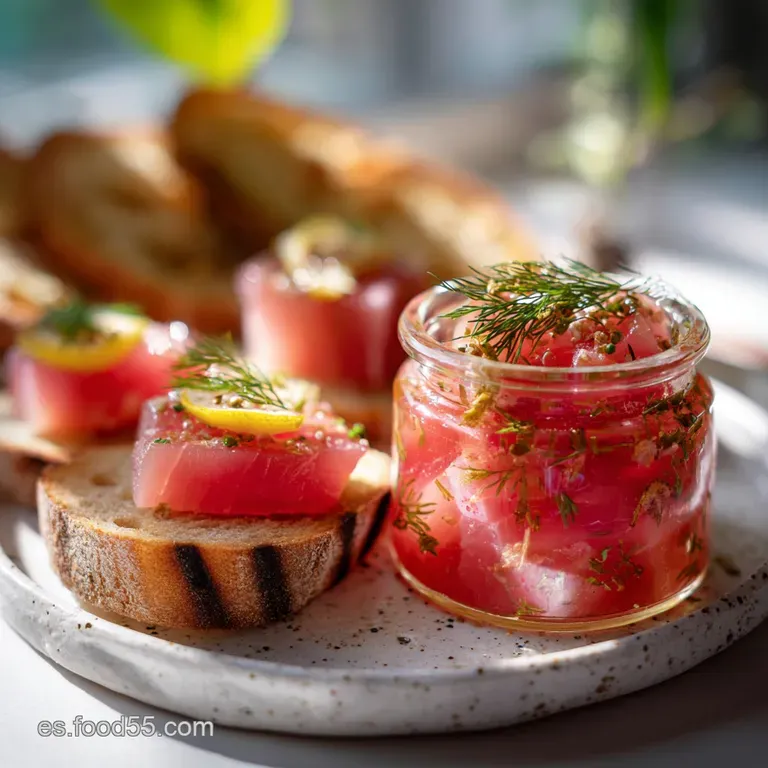 Elegant plate of flaky tuna escabeche, showcasing the bright peppers and onions against the fish.