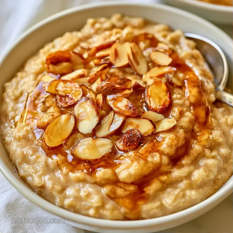Cuenco cerámico blanco con avena cremosa, decorado con almendras crujientes y un hilo de miel dorada y brillante.