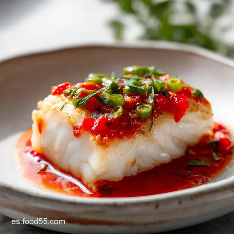 Elegant plating of Bacalao. Flaky cod nestled in deep red sauce, garnished with parsley, hinting at savory, rich flavors.